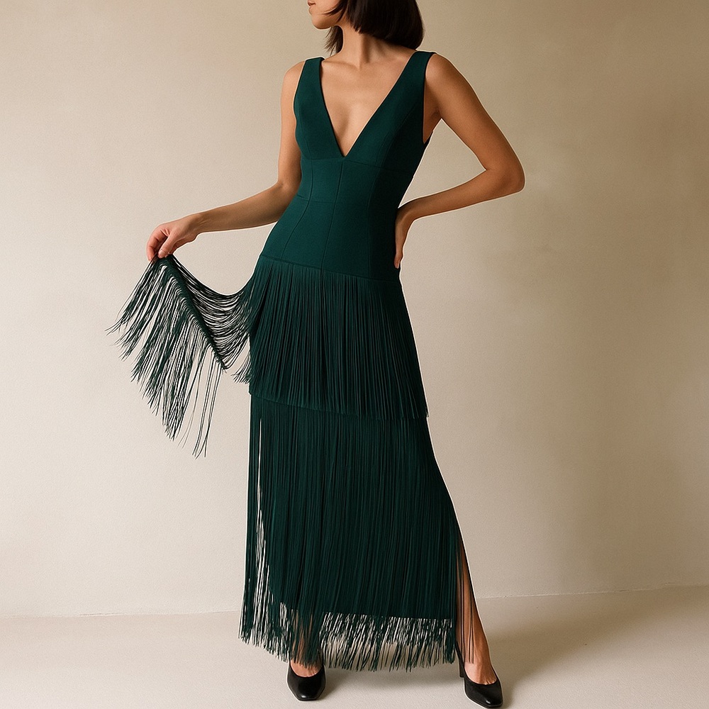 Herve Leger Green Fringe Maxi Dress Size Medium